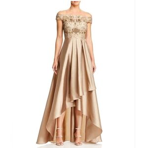 Adrianna Papell Gold Embroidered Off-Shoulder High-Low Gown